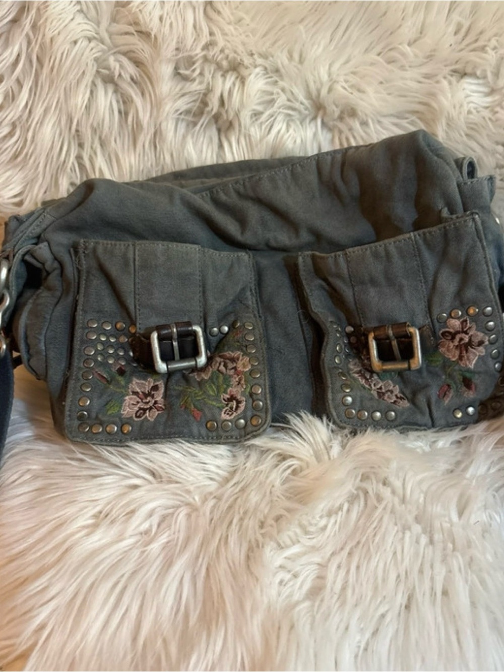 Free People Floral Embroidered Blue Satchel Handbag - Picture 3 of 4